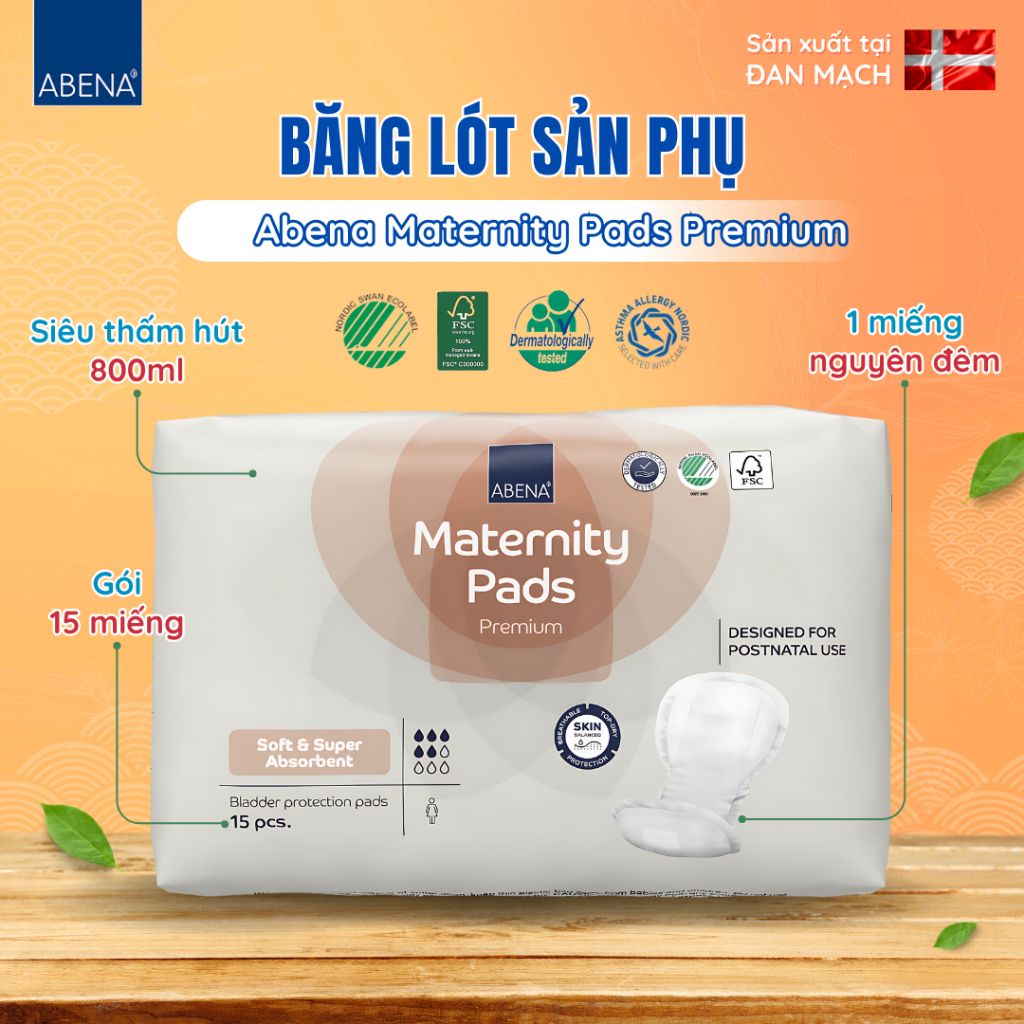 Băng lót sản phụ Abena Materity Pads Premium - Nhập khẩu Đan Mạch (Gói 15 miếng)