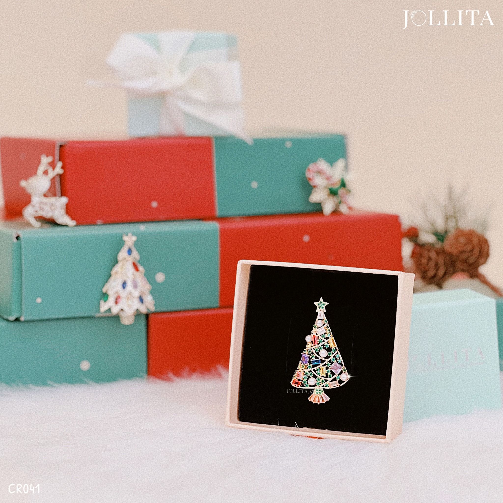 Ghim cài cây thông Noel đính đá sắc màu thanh lịch