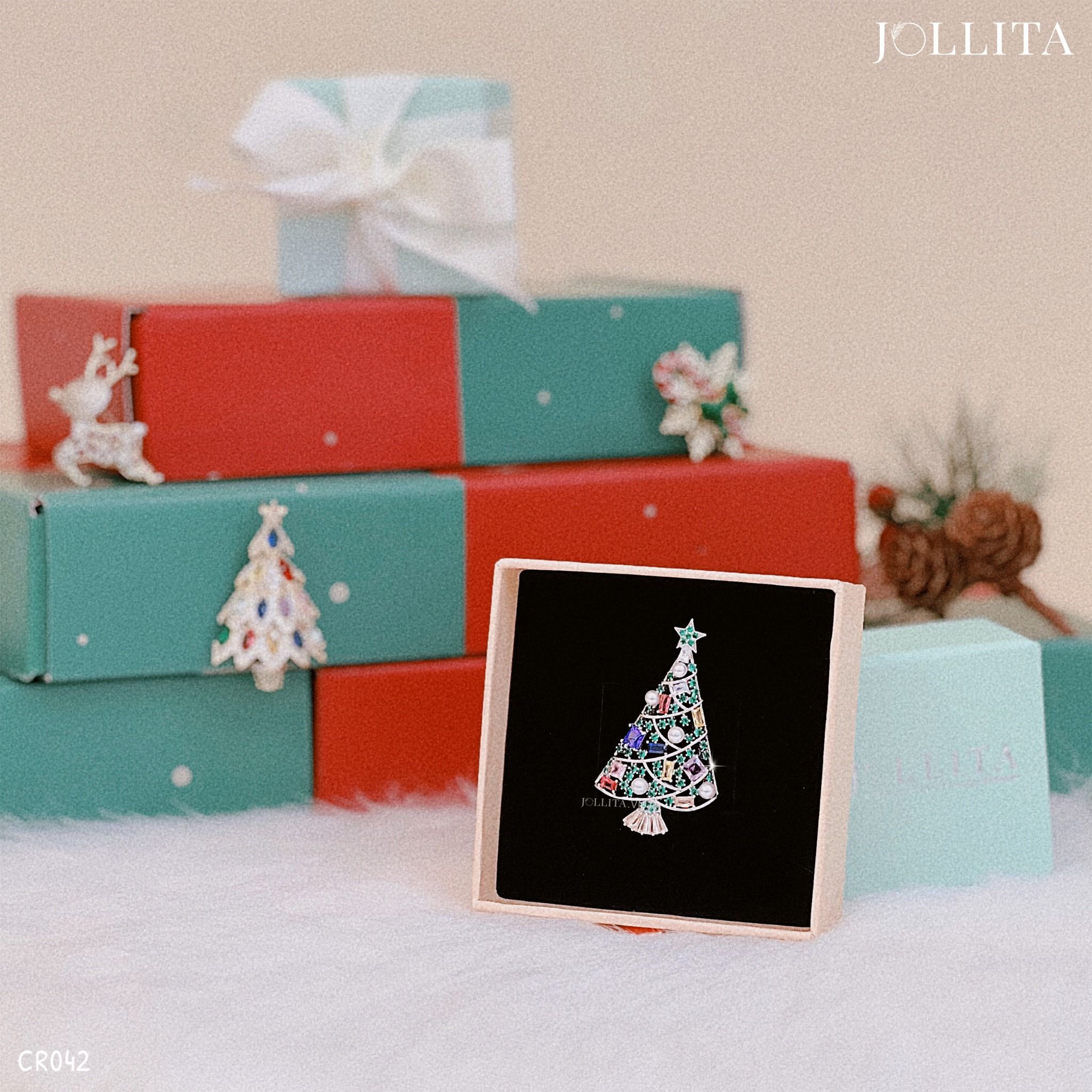 Ghim cài cây thông Noel đính đá sắc màu thanh lịch