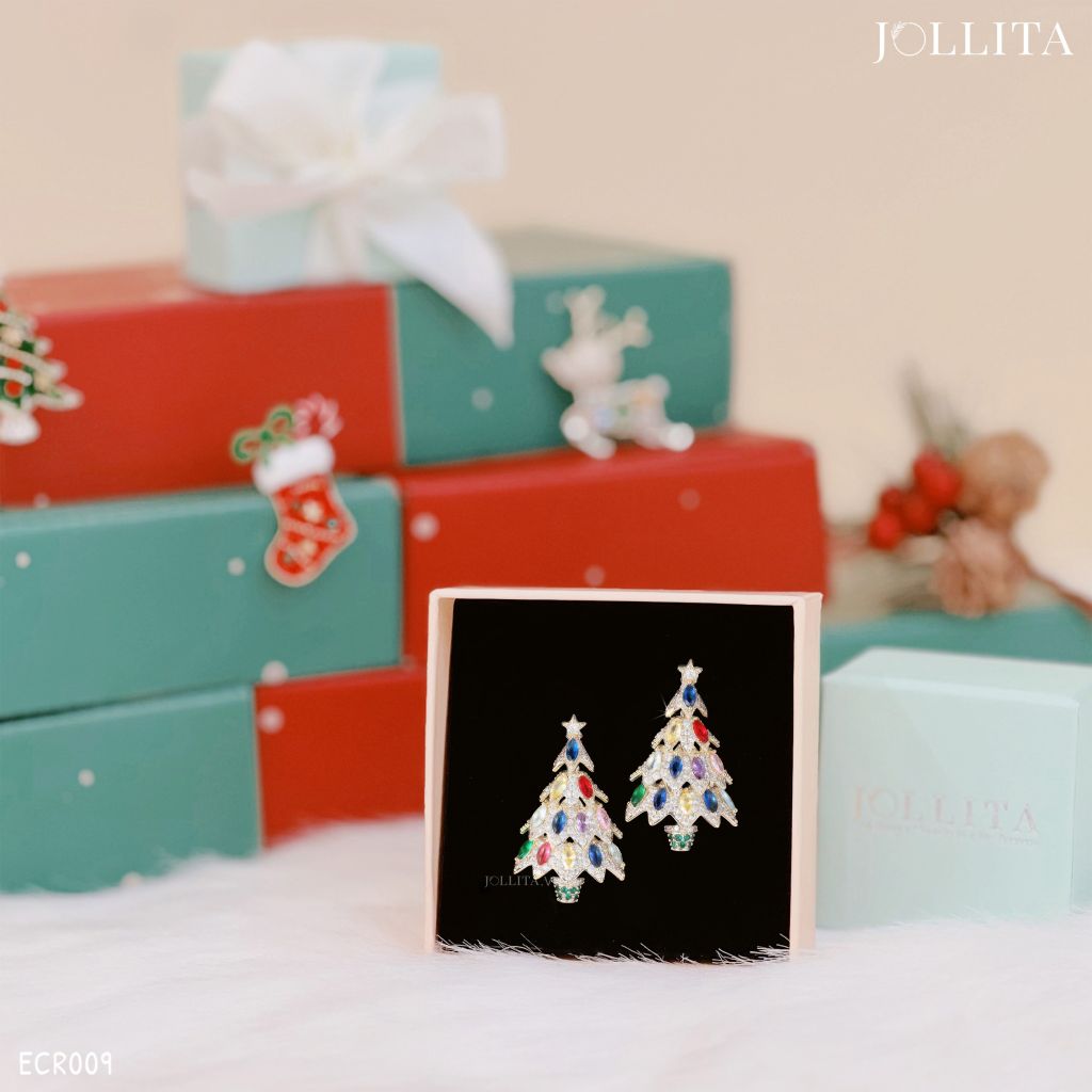Bông tai cây thông Noel đính đá sắc màu tinh tế