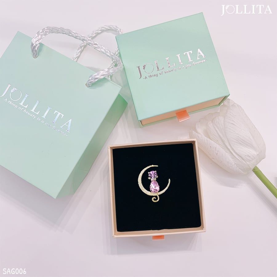 Set quà tặng 20/11 cài áo mèo đính đá pha lê tím thanh lịch