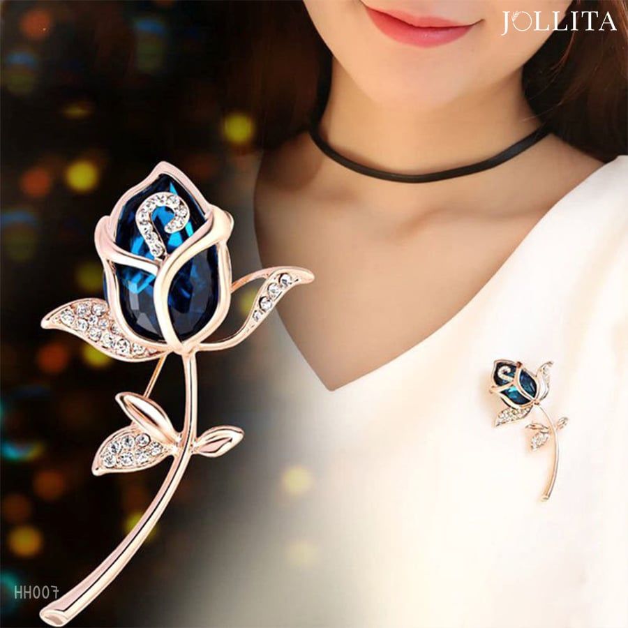 Trâm cài áo bông hồng đá xanh pha lê