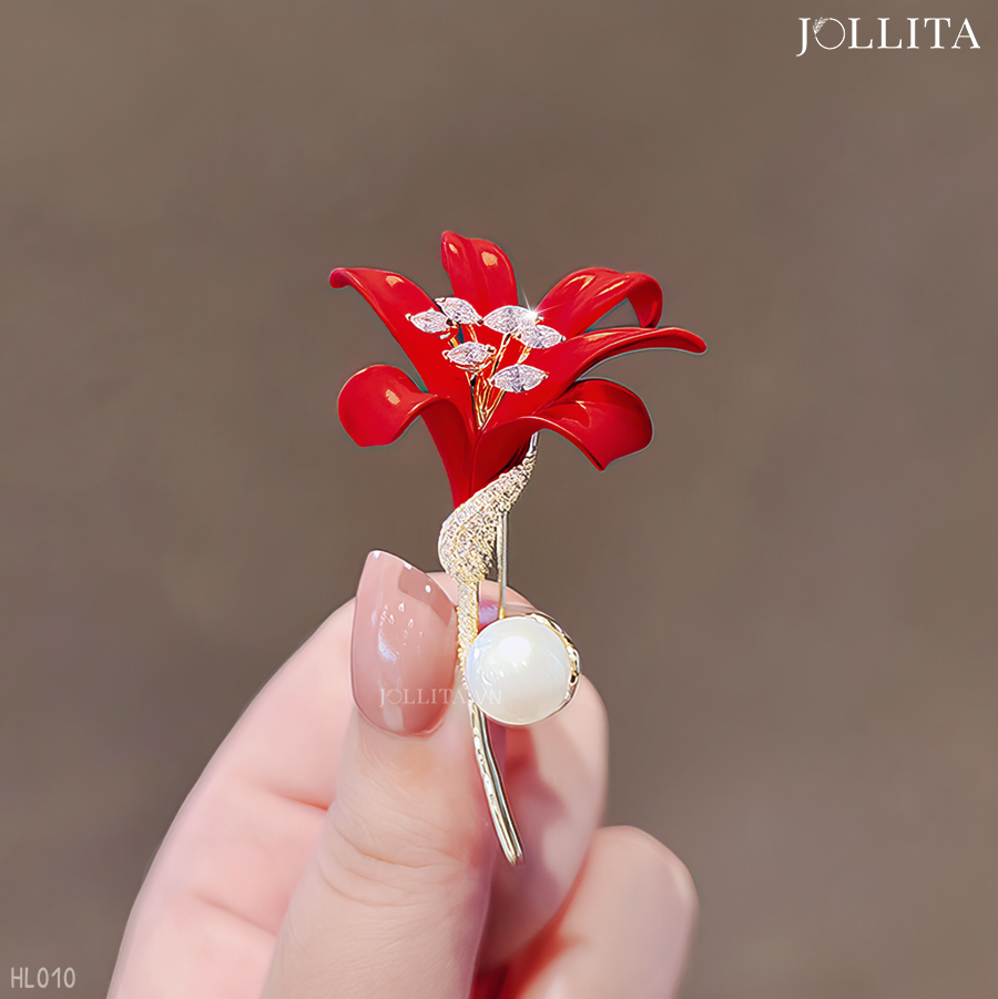 Trâm cài áo hoa lily đính ngọc trai thanh lịch
