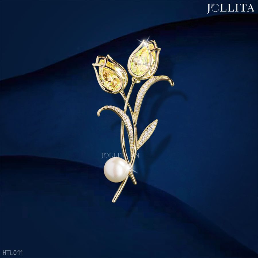 Trâm cài áo nhành Hoa tulip đôi đính đá vàng kiêu sa