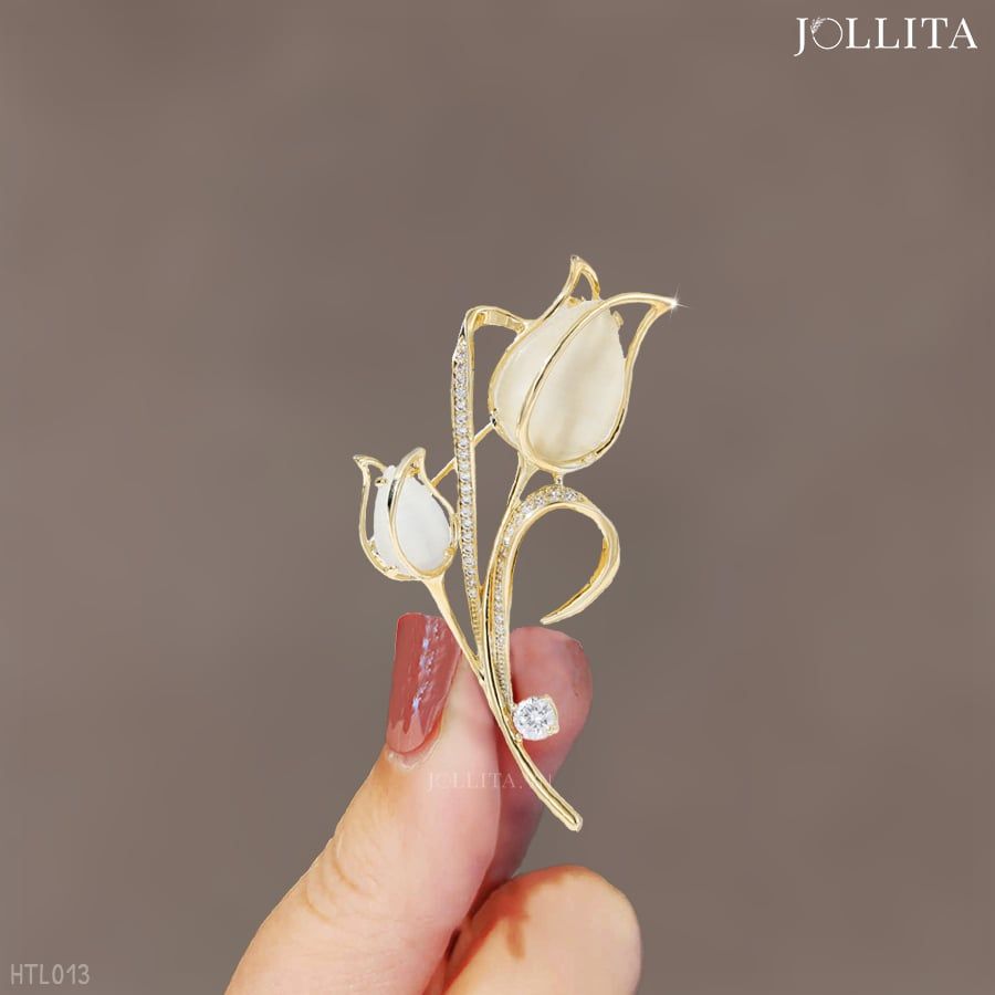 Trâm cài áo nhành Hoa tulip đôi đính đá ngọc kiêu sa