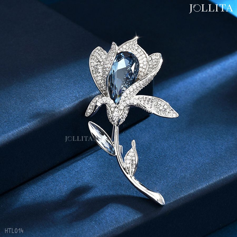 Trâm cài áo hoa tulip đính đá pha lê xanh blue cao cấp sang trọng
