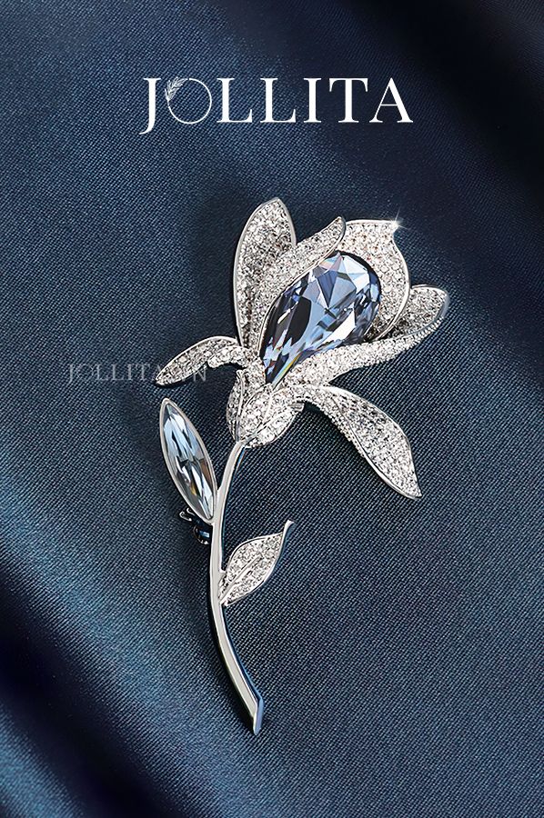 Trâm cài áo hoa tulip đính đá pha lê xanh blue cao cấp sang trọng