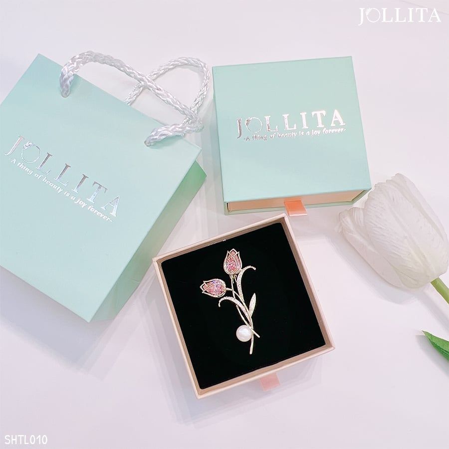 Set quà tặng 20/11 cài áo nhành Hoa tulip đôi đính đá hồng kiêu sa