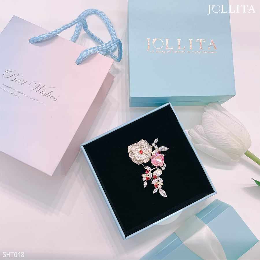 Set quà tặng 20/10 cài áo nhành hoa trà đính đá hồng cao cấp quý phái