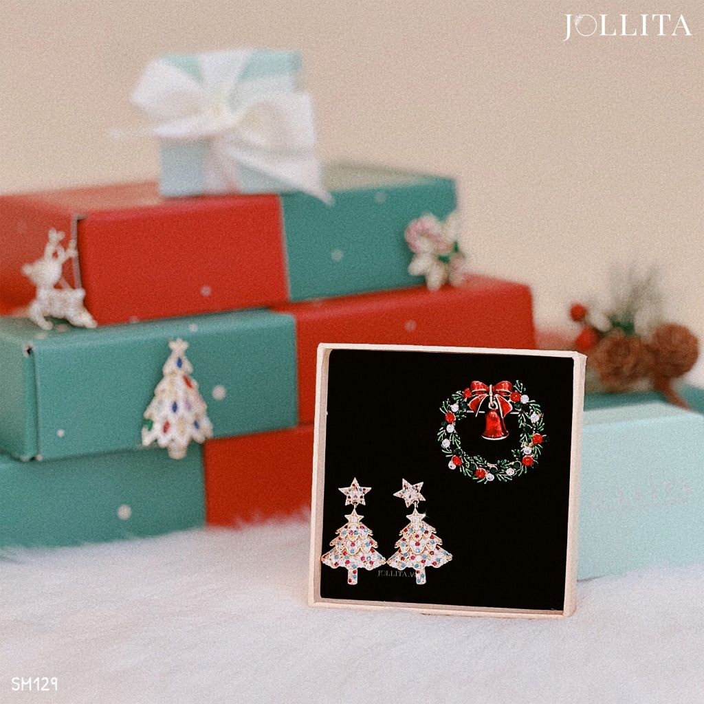 Set quà tặng Noel cài áo bông tai cao cấp sang trọng 129