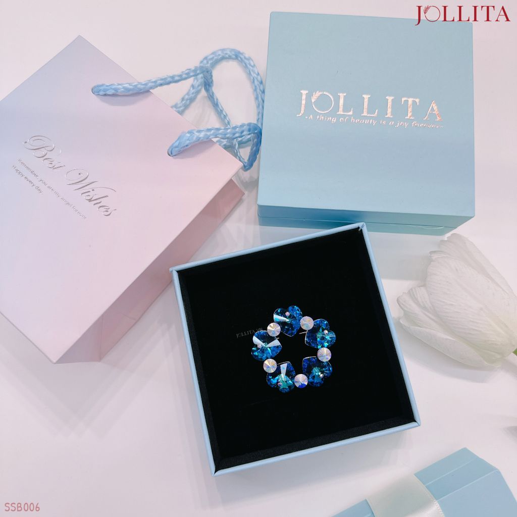 Set quà tặng cài áo vòng hoa đính đá pha lê xanh blue cao cấp sang trọng