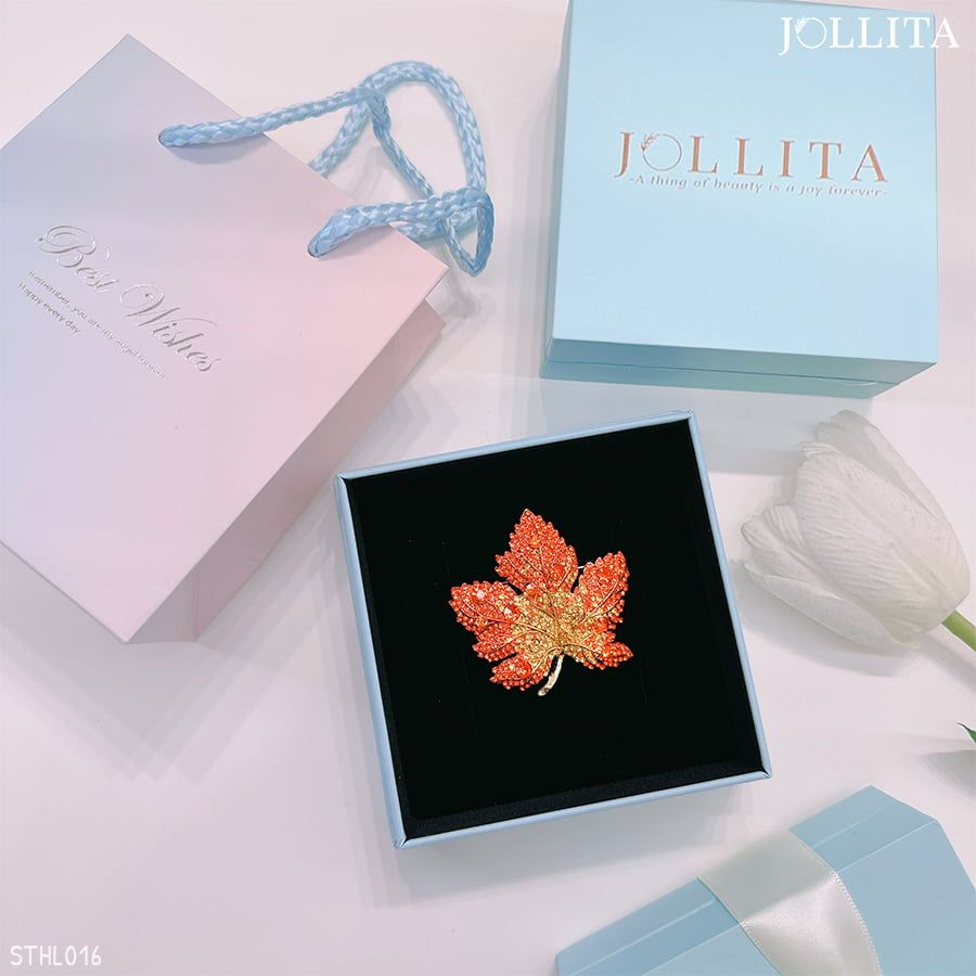 Set quà tặng cài áo lá phong vàng đính đá zircon sang trọng