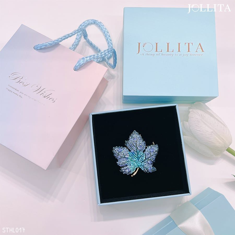 Set quà tặng cài áo lá phong xanh đính đá zircon sang trọng