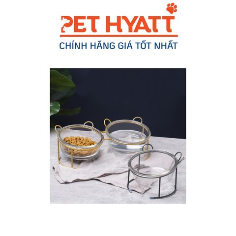  Bát Ăn Đơn Khung Tai Gấu Kèm Chén Thuỷ Tinh Cho Thú Cưng 