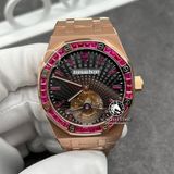 Đồng Hồ Audemars Piguet Royal Oak Tourbillon 26521OR Rep 1:1 Chế Tác Vỏ Vàng Khối 18K Niềng Bezel Đính Ruby Hồng Mặt Đen Dây Kim Loại