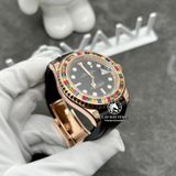 Đồng Hồ Rolex Yacht-Master 116695 SATS Rep 1:1 Chế Tác Vỏ Vàng Khối 18K Niềng Bezel Đính Ruby Cầu Vồng Mặt Đen Dây Cao Su