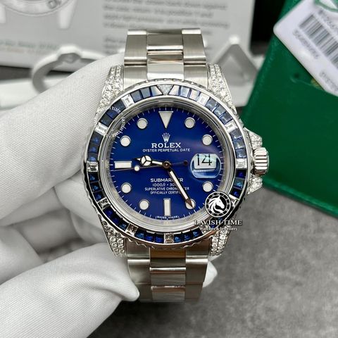 Đồng Hồ Rolex Submariner 116659SABR Rep 1:1 Chế Tác Vỏ Bạch Kim PT950 Niềng Bezel Đính Ruby Xanh Mặt Xanh Dây Kim Loại