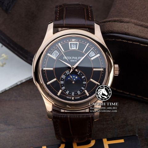 Đồng Hồ Patek Philippe Complications 5205R-010 Rep 1:1 Chế Tác Vỏ Vàng Hồng Mặt Đen Dây Da