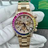 Đồng Hồ Rolex Cosmograph Daytona Rainbow 116595RBOW Rep 1:1 Chế Tác Vỏ Vàng Khối 18K Niềng Bezel Đính Ruby Cầu Vồng Mặt Và Cọc Số Độ Kim Cương Thiên Nhiên Dây Kim Loại