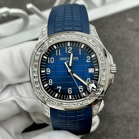 Đồng Hồ Patek Philippe Aquanaut 5168G-001 Rep 1:1 Chế Tác Vỏ Vàng Trắng 18K Niềng Bezel Đính Kim Cương Thiên Nhiên Mặt Xanh Dương Dây Cao Su