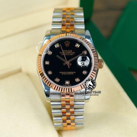 Đồng Hồ Rolex Datejust 36mm 126231 Rep 1:1 Chế Tác Vỏ Demi Bọc Vàng Mặt Đen Cọc Số Đính Đá Dây Kim Loại Jubilee