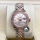 Đồng Hồ Rolex Datejust 28mm 279381RBR Rep 1:1 Chế Tác Vỏ Vàng Hồng Niềng Bezel Đính Đá Mặt Hồng Cọc Số Vạch Dây Kim Loại