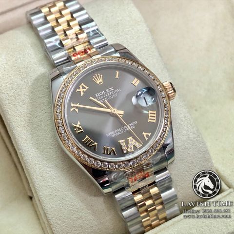 Đồng Hồ Rolex Datejust 31mm 278383rbr-0018 Rep 1:1 Chế Tác Vỏ Bọc Vàng 18K Niềng Bezel Đính Đá Mặt Xám Cọc Số La Mã Dây Kim Loại