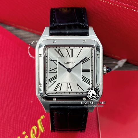 Đồng Hồ Cartier Santos Dumont WSSA0022 Rep 1:1 Chế Tác Vỏ Bạc Mặt Trắng Dây Da