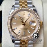 Đồng Hồ Rolex Datejust 36mm 126233-0015 Rep 1:1 Chế tác Vỏ Demi Vàng Kim Viền Bezel Độ Kim Cương Thiên Nhiên - Moissanite Mặt Vàng Champagne Cọc Số Vạch Dây Kim Loại Jubilee