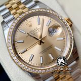 Đồng Hồ Rolex Datejust 36mm 126233-0015 Rep 1:1 Chế tác Vỏ Demi Vàng Kim Viền Bezel Độ Kim Cương Thiên Nhiên - Moissanite Mặt Vàng Champagne Cọc Số Vạch Dây Kim Loại Jubilee