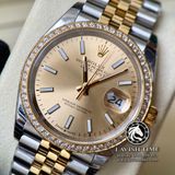 Đồng Hồ Rolex Datejust 36mm 126233-0015 Rep 1:1 Chế tác Vỏ Demi Vàng Kim Viền Bezel Độ Kim Cương Thiên Nhiên - Moissanite Mặt Vàng Champagne Cọc Số Vạch Dây Kim Loại Jubilee