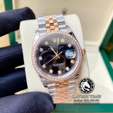 Đồng Hồ Rolex Datejust 36mm 126231-0019 Rep 1:1 Chế Tác Vỏ Demi Vàng Hồng Viền Bezel Độ Kim Cương Thiên Nhiên - Moissanite Mặt Đen Cọc Số Đính Đá Dây Kim loại Jubilee