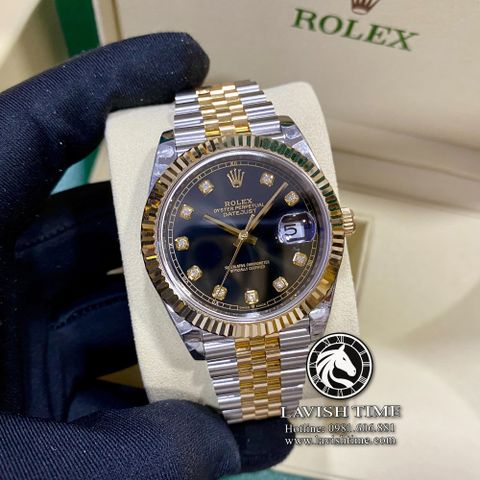 Đồng Hồ Rolex Datejust 41mm 126333-0006 Rep 1:1 Chế Tác Vỏ Demi Bọc Vàng Mặt Đen Cọc Số Độ Kim Cương Thiên Nhiên Dây Kim Loại Jubilee