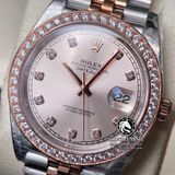 Đồng Hồ Rolex Datejust 41mm 126331 Rep 1:1 Chế Tác Vỏ Demi Vàng Hồng Viền Bezel Độ Kim Cương Thiên Nhiên - Moissanite Mặt Hồng Cọc Số Đính Đá Dây Kim loại Jubilee