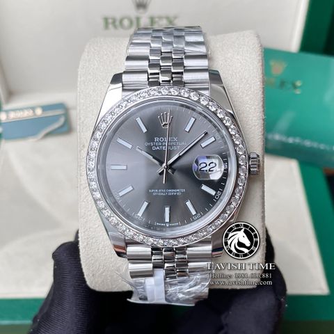 Đồng Hồ Rolex Datejust 41mm 126334 Rep 1:1 Chế Tác Vỏ Bạc Viền Bezel Độ Kim Cương Thiên Nhiên - Moissanite Mặt Xám Cọc Số Vạch Dây Kim loại Jubilee