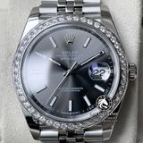 Đồng Hồ Rolex Datejust 41mm 126334 Rep 1:1 Chế Tác Vỏ Bạc Viền Bezel Độ Kim Cương Thiên Nhiên - Moissanite Mặt Xám Cọc Số Vạch Dây Kim loại Jubilee