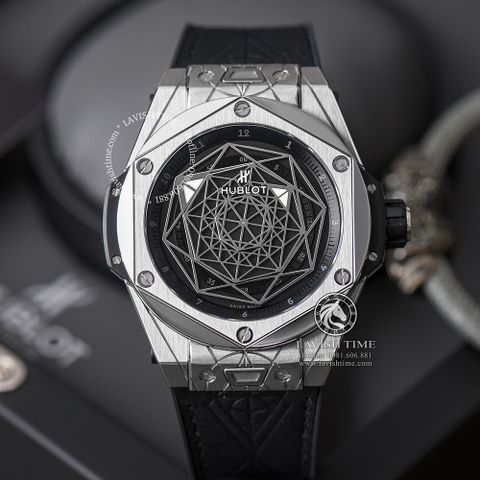 Đồng Hồ Hublot Big Bang Sang Bleu 45mm Rep 1:1 Chế Tác Vỏ Bạc Mặt Đen Dây Da 415.NX.1112.VR.MXM16