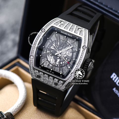 Đồng Hồ Richard Mille RM 023 Rep 1:1 Chế Tác Vỏ Bạc Đính Đá Mặt Skeleton Lộ Cơ Dây Cao Su