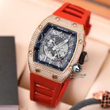 Đồng Hồ Richard Mille RM 010 Rep 1:1 Chế Tác Vỏ Vàng Hồng Đính Đá Mặt Skeleton Lộ Cơ Dây Cao Su