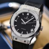 Đồng Hồ Hublot Classic Fusion 42mm Rep 1:1 Chế Tác Vỏ Bạc Độ Kim Cương Thiên Nhiên - Moissanite Pave Mặt Số Đen 542.NX.1171.LR