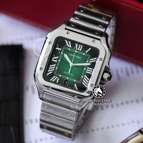 Đồng Hồ Cartier Santos De Cartier 40mm WSSA0062 Rep 1:1 Chế Tác Vỏ Bạc Mặt Xanh Lá Dây Kim Loại