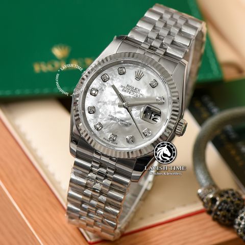 Đồng Hồ Rolex Datejust 36mm 116234-0078 Rep 1:1 Chế Tác Vỏ Bạc Mặt Số Độ Xà Cừ Vân Mây Cọc Số Kim Cương Thiên Nhiên Dây Kim Loại Jubilee