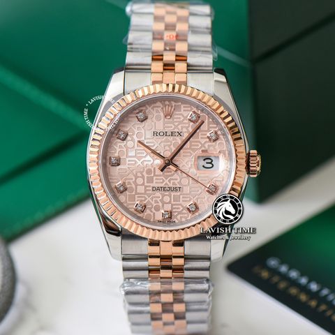 Đồng Hồ Rolex Datejust 36mm 116231-0058 Rep 1:1 Chế Tác Vỏ Demi Bọc Vàng Mặt Vi Tính Hồng Cọc Số Đính Đá Dây Kim Loại Jubilee