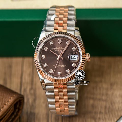 Đồng Hồ Rolex Datejust 36mm 126231 Rep 1:1 Chế Tác Vỏ Demi Bọc Vàng Mặt Nâu Chocolate Cọc Số Đính Đá Dây Kim Loại Jubilee