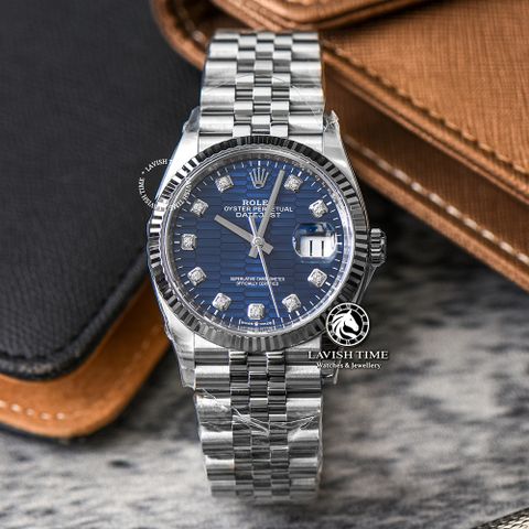 Đồng Hồ Rolex Datejust 36mm 126234 Rep 1:1 Chế Tác Vỏ Bạc Mặt Gấp Nếp Xanh Dương Cọc Số Đính Đá Dây Kim Loại Jubilee