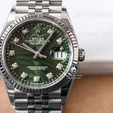 Đồng Hồ Rolex Datejust 36mm 126234-0055 Rep 1:1 Chế Tác Vỏ Bạc Mặt Lá Cọ Xanh Lá Cọc Số Đính Đá Dây Kim Loại Jubilee