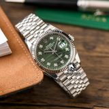 Đồng Hồ Rolex Datejust 36mm 126234-0055 Rep 1:1 Chế Tác Vỏ Bạc Mặt Lá Cọ Xanh Lá Cọc Số Đính Đá Dây Kim Loại Jubilee