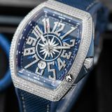 Đồng Hồ Franck Muller Vanguard Yachting V45 Rep 1:1 Chế Tác Vỏ Bạc Đính Đá Mặt Xanh Cọc Số Đính Đá Dây Vải Nato