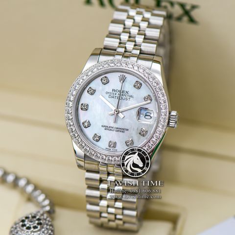 Đồng Hồ Rolex Datejust 31mm 278384RBR-0008 Rep 1:1 Chế Tác Vỏ Bạc Niềng Bezel Đính Đá Mặt Xà Cừ Trắng Cọc Số Đính Đá Dây Kim Loại