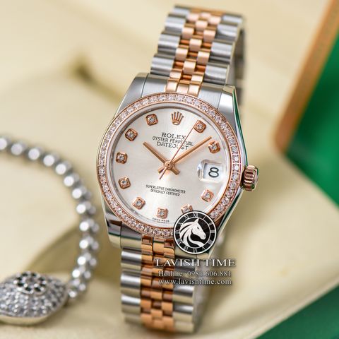 Đồng Hồ Rolex Datejust 31mm 278381RBR Rep 1:1 Chế Tác Vỏ Vàng Hồng Niềng Bezel Đính Đá Mặt Xám Bạc Cọc Số Đính Đá Dây Kim Loại